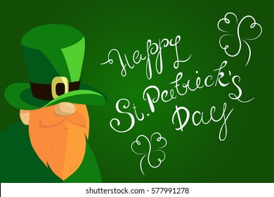 Happy St. Patrick's Day lettering with Red Beared Leprechaun Character and clover shamrock. Traditional Irish holiday template design.