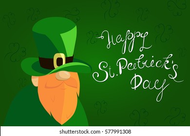 Happy St. Patrick's Day lettering with Red Beared Leprechaun and clover shamrock. Traditional Irish holiday template design.