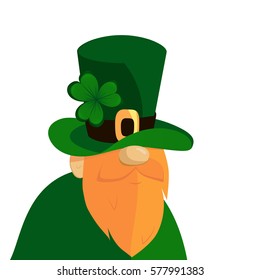 Happy St. Patrick's Day lettering with Beared Leprechaun Character and clover shamrock. Traditional Irish hollyday template design.