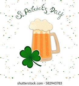 Happy St. Patrick's Day lettering with green clover shamrock beer mug. Traditional Irish hollyday template design.