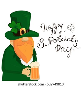 Happy St. Patrick's Day lettering with Red Beared Leprechaun Character and clover shamrock. Traditional Irish hollyday template design.