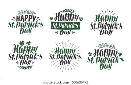 Happy St. Patrick's Day, lettering typography. Irish beer festival, label set. Vector illustration