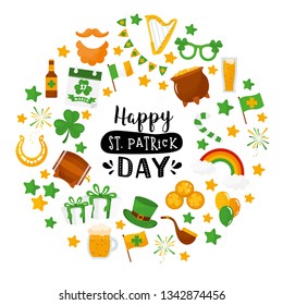 Happy St. Patrick's Day letters on white background. Beard, pot with gold, beer, rainbow, leprechaun hat icons. Illustration with different elements of Ireland culture.