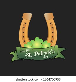 Happy St. Patrick's day. Logo design template. Horseshoe and clovers. Pattern for banner, poster, greeting card, party invitation. Vector illustration