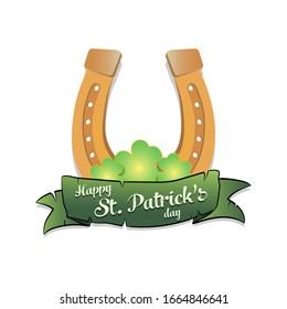 Happy St. Patrick's day. Logo design template. Horseshoe and clovers. Pattern for banner, poster, greeting card, party invitation. Vector illustration