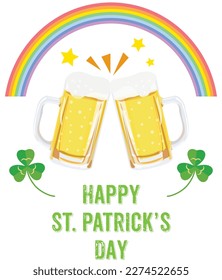 Happy St. Patrick's Day logo with beer glasses and rainbow. Vector illustration on a white background.