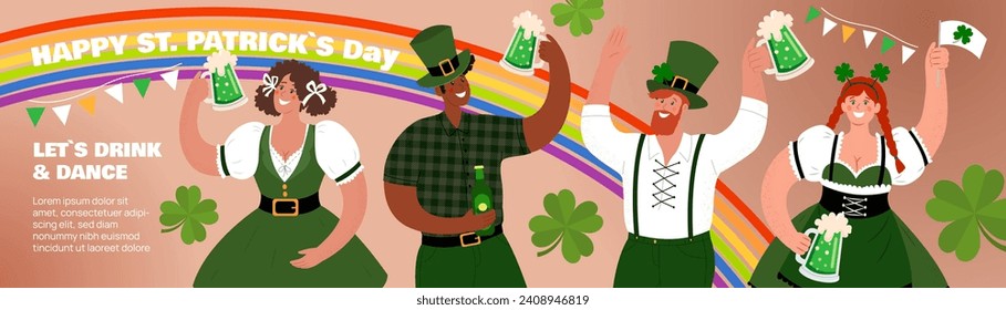 Happy St. Patrick's Day long horizontal Banner. People drink beverages and have fun. Vector flat illustration.