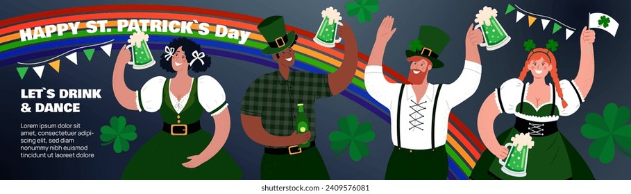 Happy St. Patrick's Day long horizontal Banner. People drink beverages and have fun. Vector flat illustration.