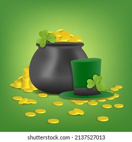 Happy St. Patrick's day, Luck shamrock, leprechaun hat and black pot with gold coins on green background, Vector illustration