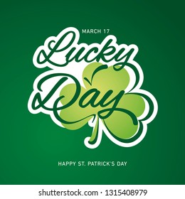 Happy St Patrick's Day Lucky Day logo icon with clover and handwritten typography sticker label