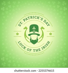 Happy St Patrick's Day lucky Irish leprechaun horseshoe vintage greeting card typographic template vector illustration. Celtic green clover shamrock leaf floral fortune ornate holiday celebration
