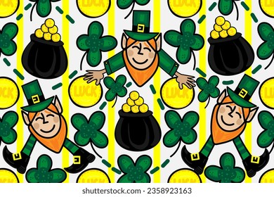 Happy St. Patrick's Day. Magic leprechaun with four leaves shamrock and pot with golden lucky coins. Cute, nice, funny and cool illustration.  Seamless vector pattern for design and decoration.
