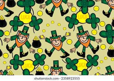 Happy St. Patrick's Day. Magic leprechaun with four leaves shamrock and pot with golden lucky coins. Cute, nice, funny and cool illustration.  Seamless vector pattern for design and decoration.