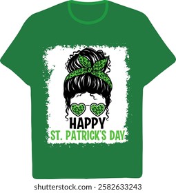 Happy St. Patrick's Day Messy Bun T-Shirt Design