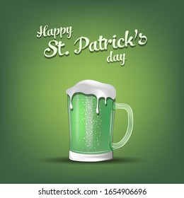 Happy St. Patricks day. Mug of beer with St. Patrick hat. Mug of ale. Pattern for banner, poster, greeting card, party invitation. Vector illustration