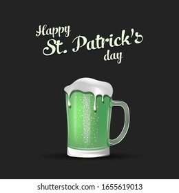 Happy St. Patricks day. Mug of beer with St. Patrick hat. Mug of ale. Pattern for banner, poster, greeting card, party invitation. Vector illustration