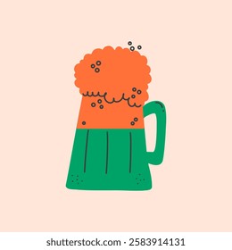 Happy St. Patrick's Day. Mug with green and orange beer. Hand drawn vector design illustration