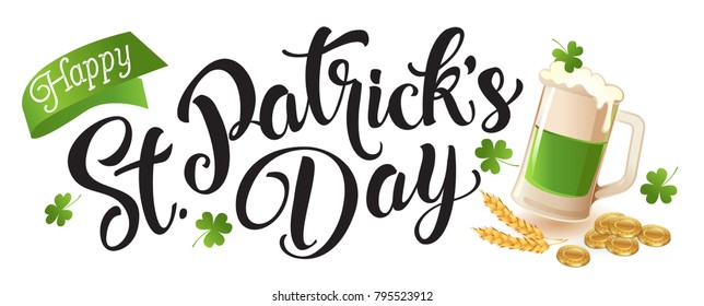 Happy St. Patrick's Day! Mug of beer, ribbon, spikelets of wheat coins. Banner. Vector illustration.