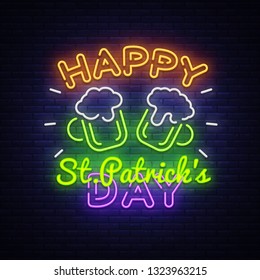 Happy St. Patrick's Day neon sign vector. Happy Saint Patrick's Day Design template with ghost and web for banner, poster, greeting card, party invitation, light banner. Isolated illustration