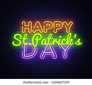 Happy St. Patrick's Day neon text vector design template. Happy Saint Patrick's Day neon logo, light banner design element colorful modern design trend, night bright advertising, bright sign. Vector