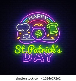 Happy St. Patricks Day neon sign vector. Happy Saint Patricks Day Design template with ghost and web for banner, poster, greeting card, party invitation, light banner. Isolated illustration