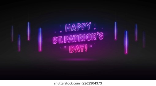 Happy St. Patrick's Day Neon Sign on Dark Background. Vector clipart for your holiday party project.