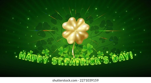 Happy St. Patrick's Day Neon Lettering on Green Background. Vector clipart for your holiday project.