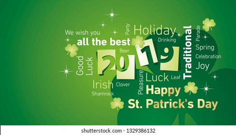 Happy St Patrick's Day New Year 2019 negative space word cloud text white green vector