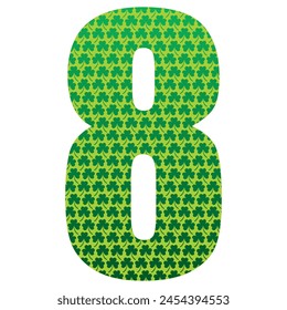 Happy St. Patrick's Day. Number Eight With Three Leaf Clover Pattern. Green Number 8 Isolated On A White Background
