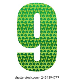 Happy St. Patrick's Day. Number Nine With Three Leaf Clover Pattern. Green Number 9 Isolated On A White Background
