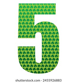 Happy St. Patrick's Day. Number Five With Three Leaf Clover Pattern. Green Number 5 Isolated On A White Background
