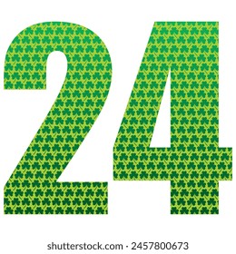 Happy St. Patrick's Day. Number Twenty Four With Three Leaf Clover Pattern. Green Number 24 Isolated On A White Background
