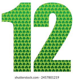 Happy St. Patrick's Day. Number Twelve With Three Leaf Clover Pattern. Green Number 12 Isolated On A White Background