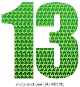 Happy St. Patrick's Day. Number Thirteen With Three Leaf Clover Pattern. Green Number 13 Isolated On A White Background

