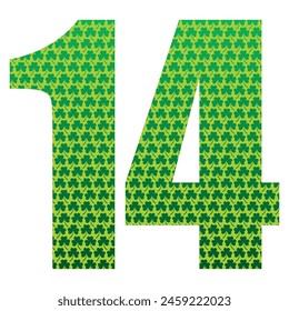 Happy St. Patrick's Day. Number Fourteen With Three Leaf Clover Pattern. Green Number 14 Isolated On A White Background
