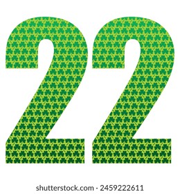 Happy St. Patrick's Day. Number Twenty Two With Three Leaf Clover Pattern. Green Number 22 Isolated On A White Background
