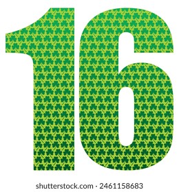 Happy St. Patrick's Day. Number Sixteen With Three Leaf Clover Pattern. Green Number 16 Isolated On A White Background
