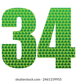 Happy St. Patrick's Day. Number Thirty Four With Three Leaf Clover Pattern. Green Number 34 Isolated On A White Background
