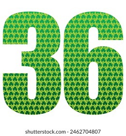 Happy St. Patrick's Day. Number Thirty Six With Three Leaf Clover Pattern. Green Number 36 Isolated On A White Background
