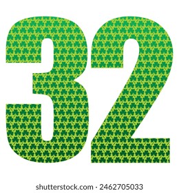 Happy St. Patrick's Day. Number Thirty Two With Three Leaf Clover Pattern. Green Number 32 Isolated On A White Background
