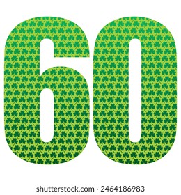 Happy St. Patrick's Day. Number Sixty With Three Leaf Clover Pattern. Green Number 60 Isolated On A White Background
