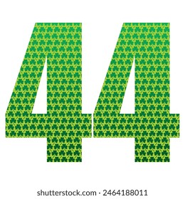Happy St. Patrick's Day. Number Forty Four With Three Leaf Clover Pattern. Green Number 44 Isolated On A White Background
