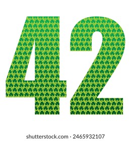 Happy St. Patrick's Day. Number Forty Two With Three Leaf Clover Pattern. Green Number 42 Isolated On A White Background
