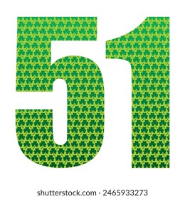 Happy St. Patrick's Day. Number Fifty One With Three Leaf Clover Pattern. Green Number 51 Isolated On A White Background

