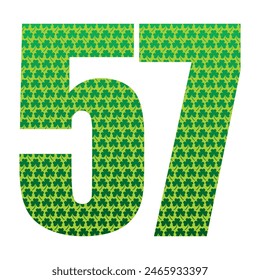 Happy St. Patrick's Day. Number Fifty Seven With Three Leaf Clover Pattern. Green Number 57 Isolated On A White Background
