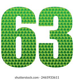 Happy St. Patrick's Day. Number Sixty Three With Three Leaf Clover Pattern. Green Number 63 Isolated On A White Background
