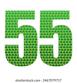 Happy St. Patrick's Day. Number Fifty Five With Three Leaf Clover Pattern. Green Number 55 Isolated On A White Background
