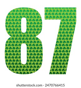 Happy St. Patrick's Day. Number Eighty Seven With Three Leaf Clover Pattern. Green Number 87 Isolated On A White Background
