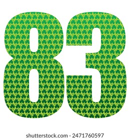 Happy St. Patrick's Day. Number Eighty Three With Three Leaf Clover Pattern. Green Number 83 Isolated On A White Background
