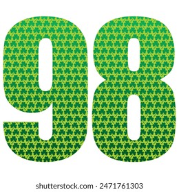 Happy St. Patrick's Day. Number Ninety Eight With Three Leaf Clover Pattern. Green Number 98 Isolated On A White Background
